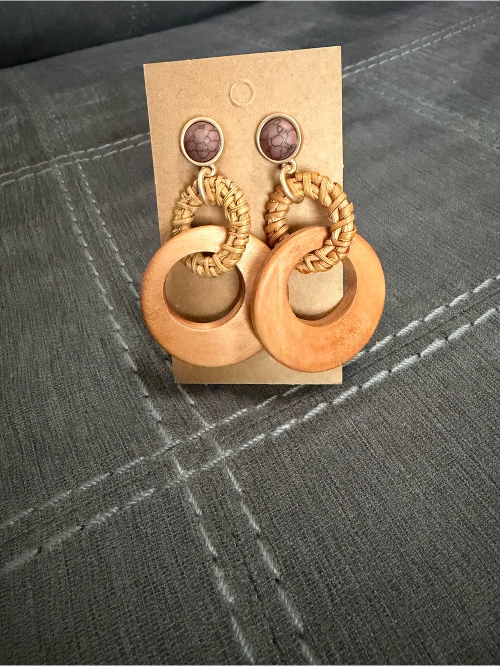Light Brown Wooden Hoop Drop Earrings - Women Jewelry